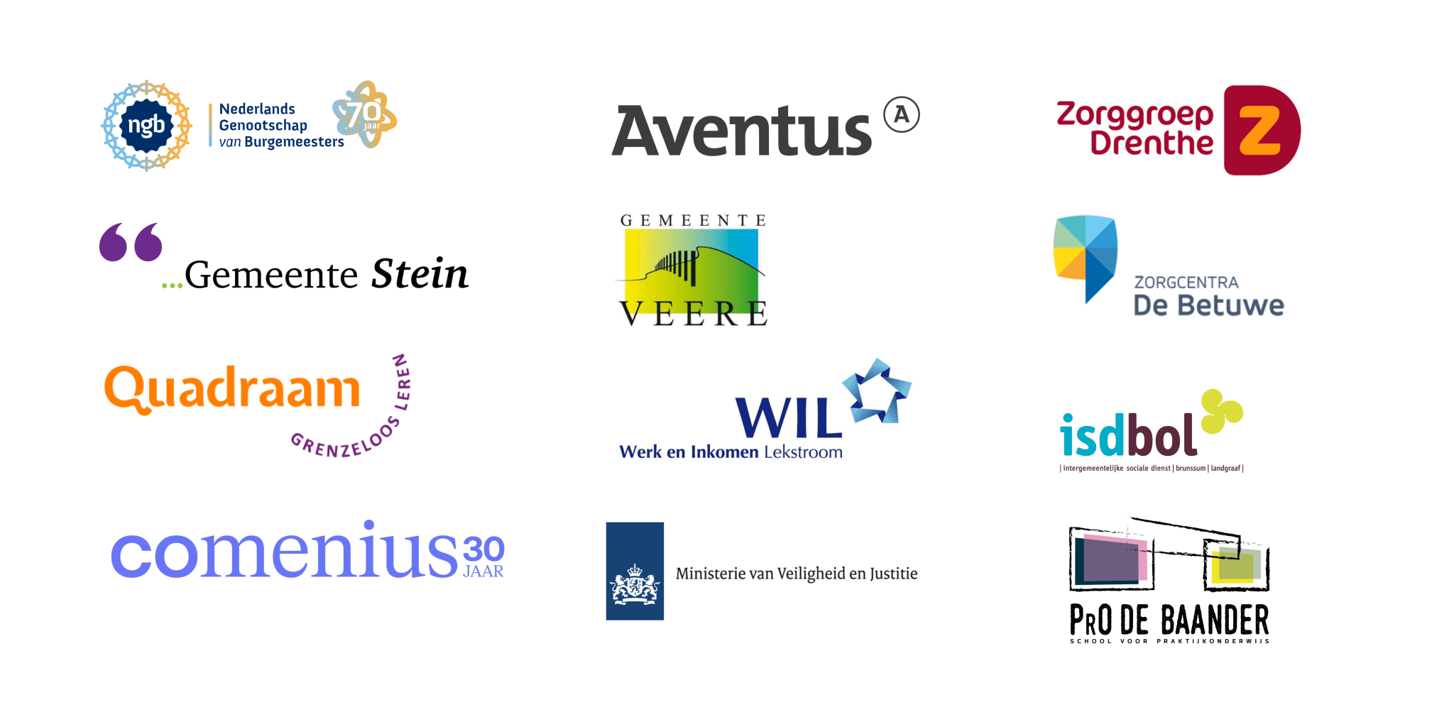 Opdrachtgevers Passerel B.V. Nederlands genootschap voor burgemeesters; Aentus; Quadraam; Gemeente Stein; Comenius; Gemeente Veere; Quadraam